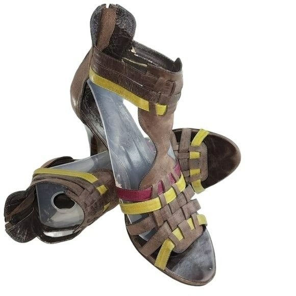 Vintage Style Brown Real Leather Peep Toe Block Heel Strappy Gladiator Sandals - Picture 8 of 16